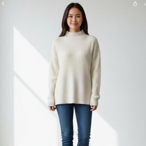 Marled Sweater Womens S Ivory Fuzzy Knit Mock Neck Pullover Stretch Cozy Soft